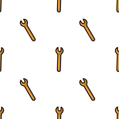 Seamless pattern of golden wrenches on white background, simple cartoon style illustration for repair service or DIY projects.