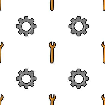 Seamless pattern featuring repeating grey gears and orange wrenches, a simple yet effective design for industrial or mechanical contexts. vector