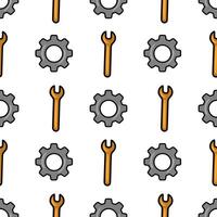 Seamless pattern with cartoon style wrenches and gears, perfect for industrial design or mechanical projects, featuring a playful orange and grey color palette. vector