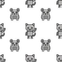 Seamless pattern featuring adorable robotic cat and mouse characters in grayscale, perfect for kids textile, wallpaper, or playful branding. vector