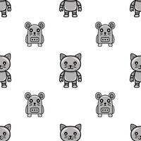 Seamless pattern featuring adorable robot animals cats and mice in grayscale, perfect for kids textile design or playful backgrounds. vector