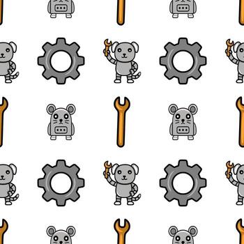 Seamless pattern featuring cute animal robots holding wrenches, gears, and tools, creating a playful and mechanical design. vector