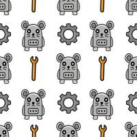Seamless pattern featuring cute grey mouse robots, gears, and wrenches, creating a playful and repetitive design ideal for kids products or tech-themed projects. vector