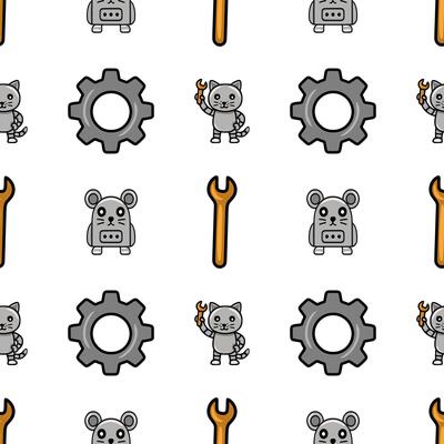 Seamless pattern featuring cute robotic cats and mice holding wrenches, alongside cogwheels, creating a playful and charming mechanical design ideal for kids products or tech-themed projects.