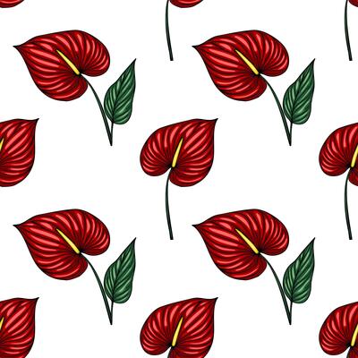 Seamless pattern of vibrant red Anthurium flowers and green leaves, a striking tropical design ideal for textile prints, wallpapers, and packaging.