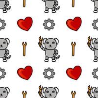 Seamless pattern featuring cute robot dogs holding wrenches, hearts, and gears, creating a playful and charming design ideal for kids products or tech-themed projects. vector