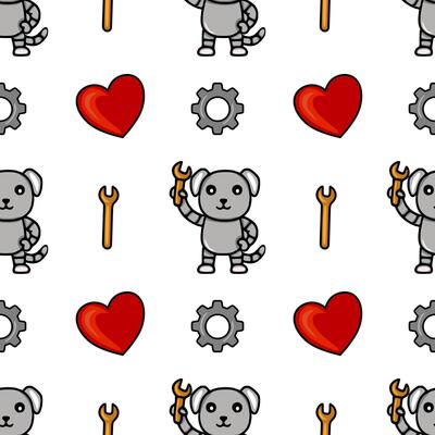 Seamless pattern featuring cute robot dogs holding wrenches, hearts, and gears, creating a playful and charming design ideal for kids products or tech-themed projects.