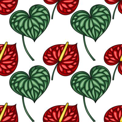 Seamless pattern of stylized Anthurium flowers and heart-shaped leaves in vibrant red and green, perfect for textile prints, wallpapers, and decorative designs.