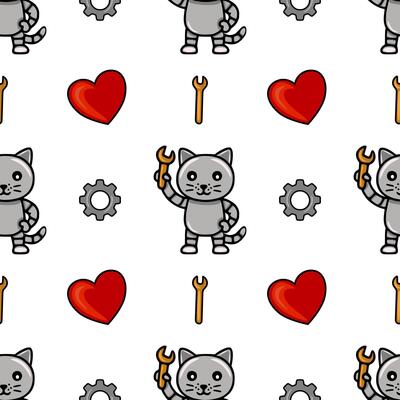 Seamless pattern featuring cute robotic cats holding wrenches, hearts, and gears, creating a playful and charming design ideal for kids products or tech-themed projects.