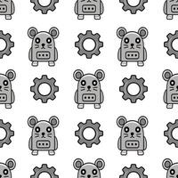 Seamless pattern featuring cute robotic mice and gear wheels, designed in grayscale for a playful yet technological aesthetic. vector