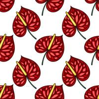 Seamless pattern with stylized red Anthurium flowers, featuring detailed petal texture and vibrant color contrast against a white background, ideal for textile prints and digital designs. vector