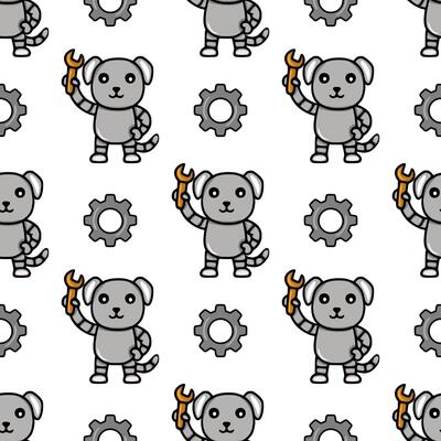 Seamless pattern featuring cute robotic dogs holding wrenches and gears, a playful design perfect for kids products or tech-themed projects.