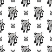 Seamless pattern featuring cute robotic cats and mice in grayscale, perfect for childrens products or playful designs. vector