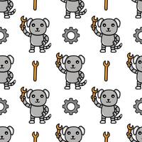 Seamless pattern featuring adorable grey robotic dogs holding wrenches, accompanied by gears, creating a playful and technological design ideal for kids products or tech-themed backgrounds. vector