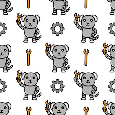 Seamless pattern featuring adorable grey robotic dogs holding wrenches, accompanied by gears, creating a playful and technological design ideal for kids products or tech-themed backgrounds.