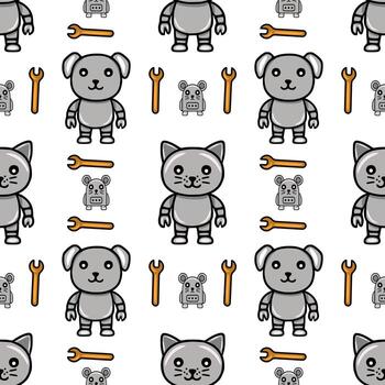 Seamless pattern featuring cute robotic animals dog, cat, mouse, and robot, with orange wrenches, creating a playful and technological design. vector