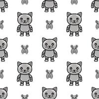 Seamless pattern featuring adorable robotic cats and mice in grayscale, ideal for kids products or playful backgrounds. vector