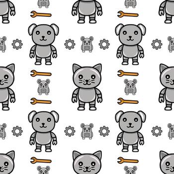 Seamless pattern featuring cute robotic animals dogs, cats, and mice, with gears and wrenches, in a playful, monochrome style. vector