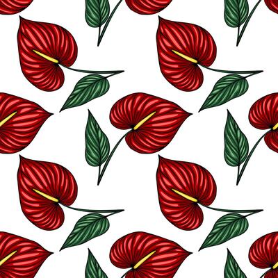 Seamless pattern of vibrant red Anthurium flowers and green leaves, a tropical botanical illustration perfect for textile design or summer-themed projects.