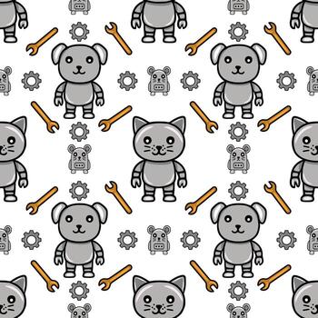 Seamless pattern featuring adorable robot animals cats, dogs, and mice alongside wrenches and gears, creating a playful, mechanical aesthetic. vector