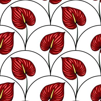 Seamless pattern of stylized Anthurium flowers in rich red hues arranged in an elegant, arc-shaped composition on a white background, creating a sophisticated botanical design. vector