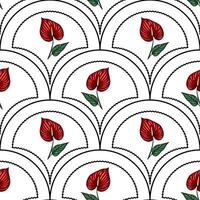 Seamless pattern with stylized Anthurium flowers in red and green, arranged within a repeating geometric design of black arched elements on a white background. vector