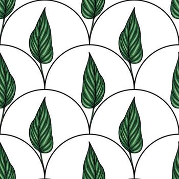 Seamless pattern of stylized dark green leaves arranged in a unique arc-shaped composition on a white background, creating a modern and elegant botanical design. vector