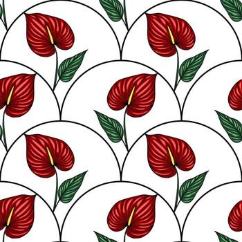 Seamless pattern with stylized red Anthurium flowers and green leaves arranged in a unique arc-shaped composition on a white background, creating a vibrant and elegant design. vector