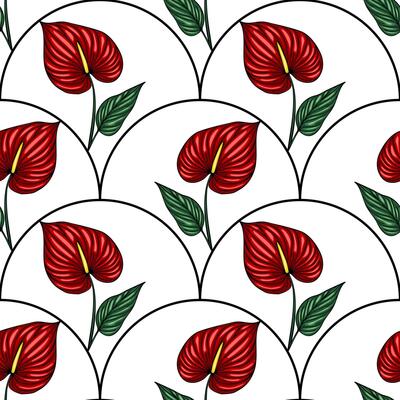 Seamless pattern with stylized red Anthurium flowers and green leaves arranged in a unique arc-shaped composition on a white background, creating a vibrant and elegant design.
