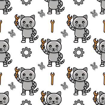 Seamless pattern featuring cute robotic cats holding wrenches, accompanied by tiny robot mice and gears, creating a playful and charming mechanical design. vector