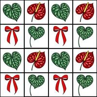 Seamless pattern featuring heart-shaped leaves, vibrant red Anthurium flowers, and festive red bows, creating a cheerful and stylish design. vector