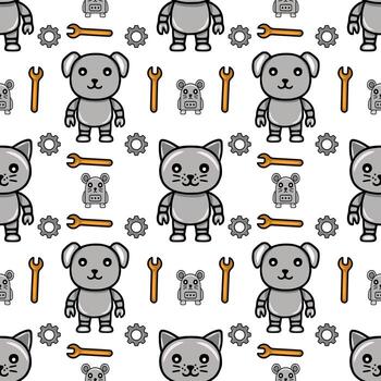 Seamless pattern featuring cute robotic animals cat, dog, and mouse alongside wrenches and gears, creating a playful, mechanical aesthetic. vector