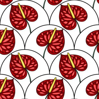 Seamless pattern of vibrant red Anthurium flowers arranged in a unique, wave-like pattern on a white background, creating a bold and stylish design. vector