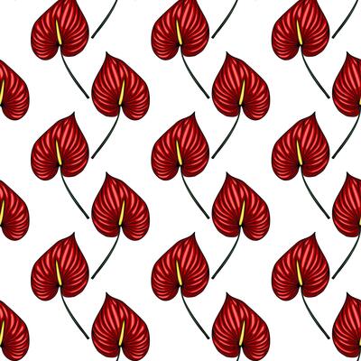 Seamless pattern of vibrant red Anthurium flowers, meticulously detailed with a hand-drawn style, creating a tropical and exotic feel, perfect for textile prints, wallpapers, and summer desi...
