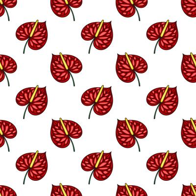 Seamless pattern of vibrant red Anthurium flowers with detailed texture and golden spadix, ideal for textile prints, wallpapers, and surface designs.