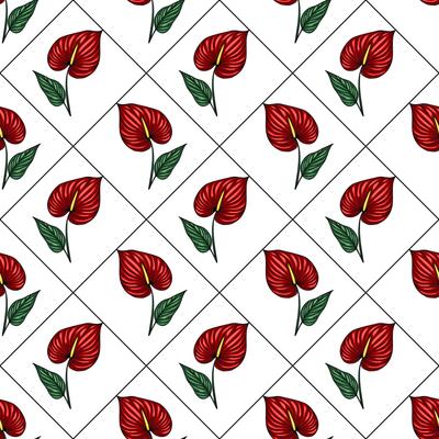 Seamless pattern of vibrant red Anthurium flowers with green leaves arranged in a stylish diamond grid on a white background, creating a bold and exotic design.