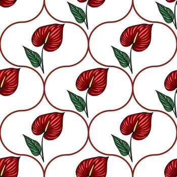 Seamless pattern featuring vibrant red Anthurium flowers with dark green leaves, elegantly arranged within a repeating brown curved line design on a white background. vector