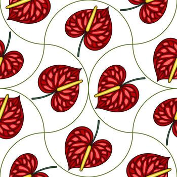 Seamless pattern of stylized Anthurium flowers with red petals and yellow spadix, arranged in a repeating heart-like shape against a white background, featuring curved green lines connecting... vector