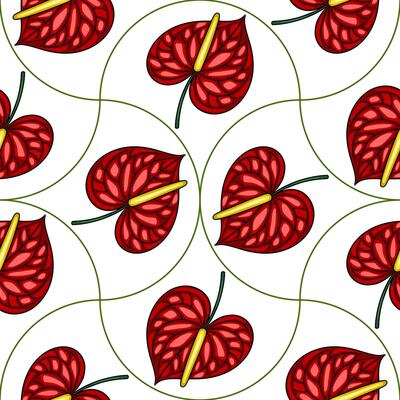 Seamless pattern of stylized Anthurium flowers with red petals and yellow spadix, arranged in a repeating heart-like shape against a white background, featuring curved green lines connecting...