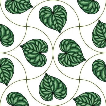 Seamless pattern of stylized heart-shaped leaves with a detailed vein structure, arranged in a repeating design on a white background, connected by elegant green curves. vector
