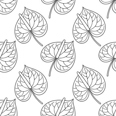 Seamless pattern of stylized Anthurium flowers in black and white, perfect for textile prints, wallpapers, or decorative elements.
