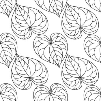 Seamless pattern of stylized heart-shaped leaves with intricate line art details, creating a sophisticated monochrome design ideal for textile prints, wallpapers, and various design projects. vector