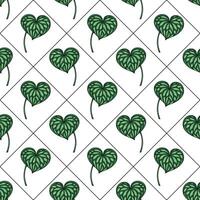 Seamless pattern of heart-shaped leaves in a diamond grid, featuring detailed vein textures and rich emerald green hues, ideal for textile prints, wrapping paper, and digital design projects. vector