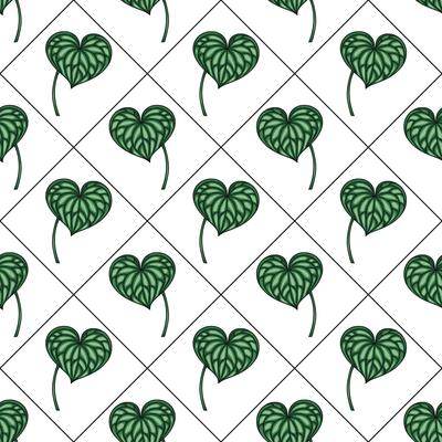 Seamless pattern of heart-shaped leaves in a diamond grid, featuring detailed vein textures and rich emerald green hues, ideal for textile prints, wrapping paper, and digital design projects.