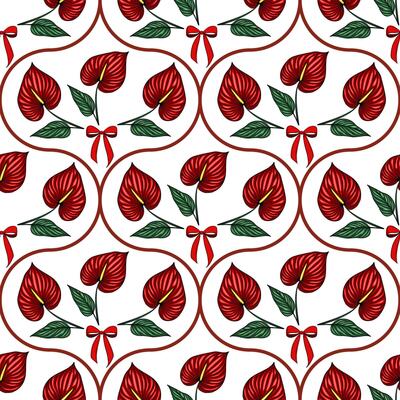 Seamless pattern of vibrant red Anthurium flowers with red bows and brown curves on a white background, creating a festive and elegant design.