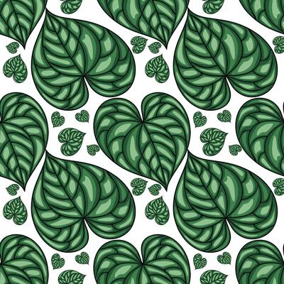 Seamless pattern of stylized green leaves in heart shapes, featuring a unique textured design with varying leaf sizes for a vibrant, nature-inspired aesthetic.