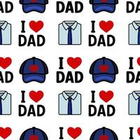 A repeating pattern featuring blue caps, shirts with ties, and the phrase I love Dad in a playful, colorful design. Ideal for Fathers Day or dad-themed products. vector