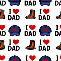 A repeating pattern featuring baseball caps, boots, and the phrase I love Dad in a playful design. Ideal for Fathers Day gifts or family-themed products. vector