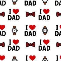 A playful pattern featuring the phrase I love Dad in bold letters, red hearts, bow ties, and watches, all set against a white background. Perfect for Fathers Day themes. vector