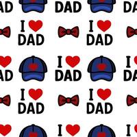 A repeating pattern featuring blue caps, red bow ties, and the text I love Dad in black. The design is playful and suitable for Fathers Day themes. vector